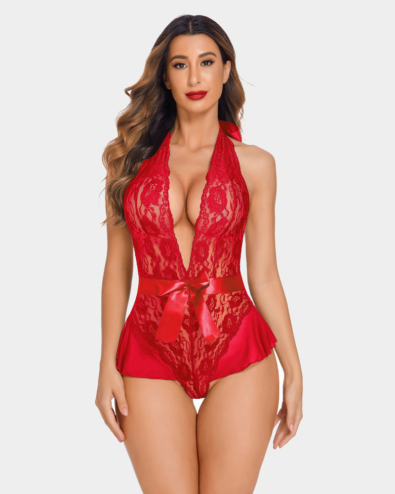 Leopard Lace Halter V Neck Bodysuit