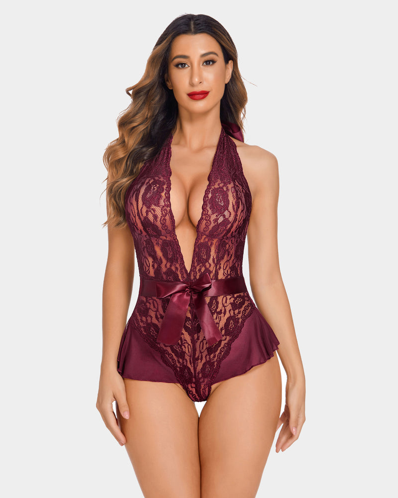 Leopard Lace Halter V Neck Bodysuit