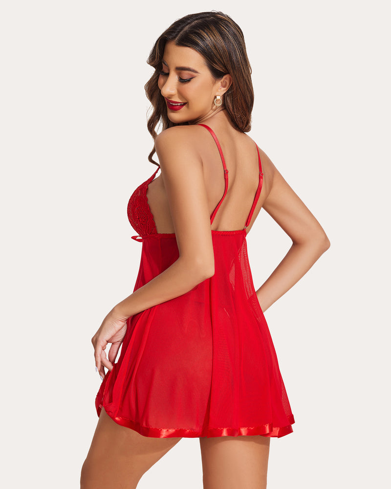 Heart Print Strap Lace Mesh Babydoll
