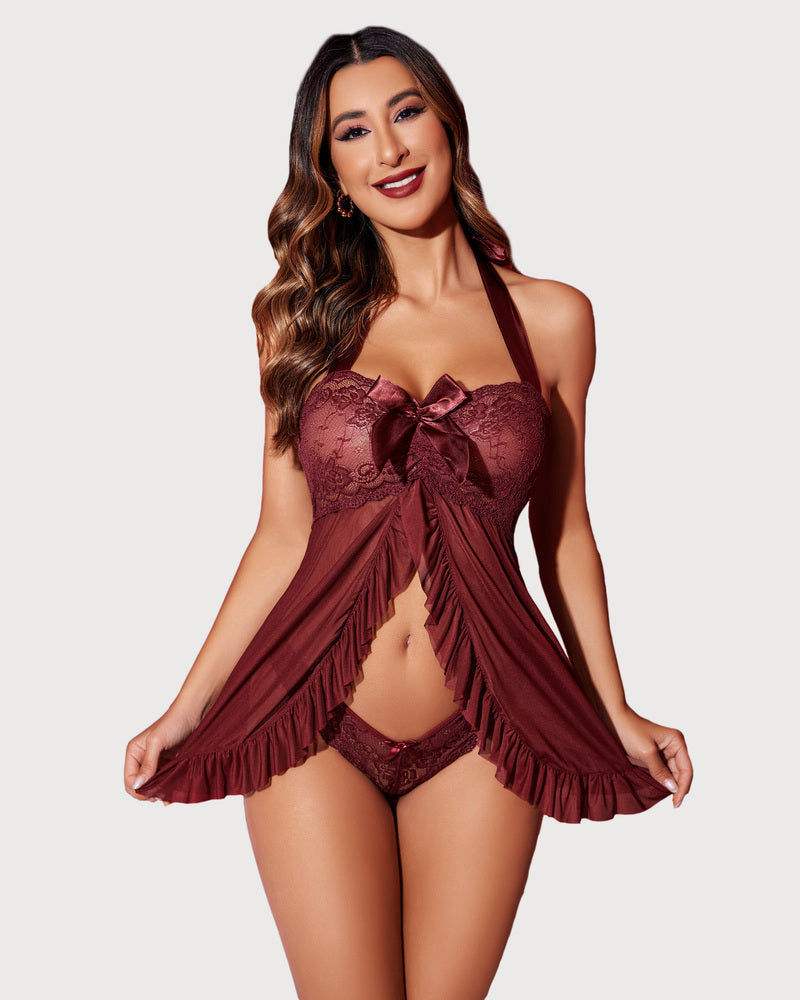 Floral Print Lace Open Front Babydoll