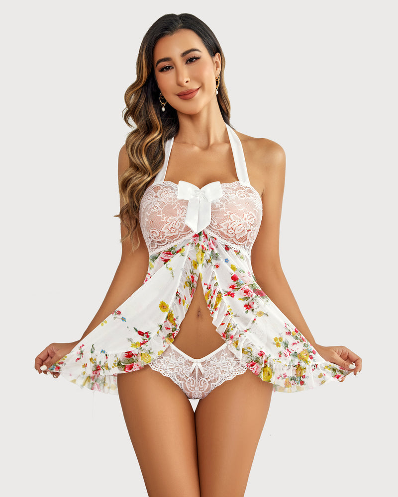 Lace Open Front Halter Nighty