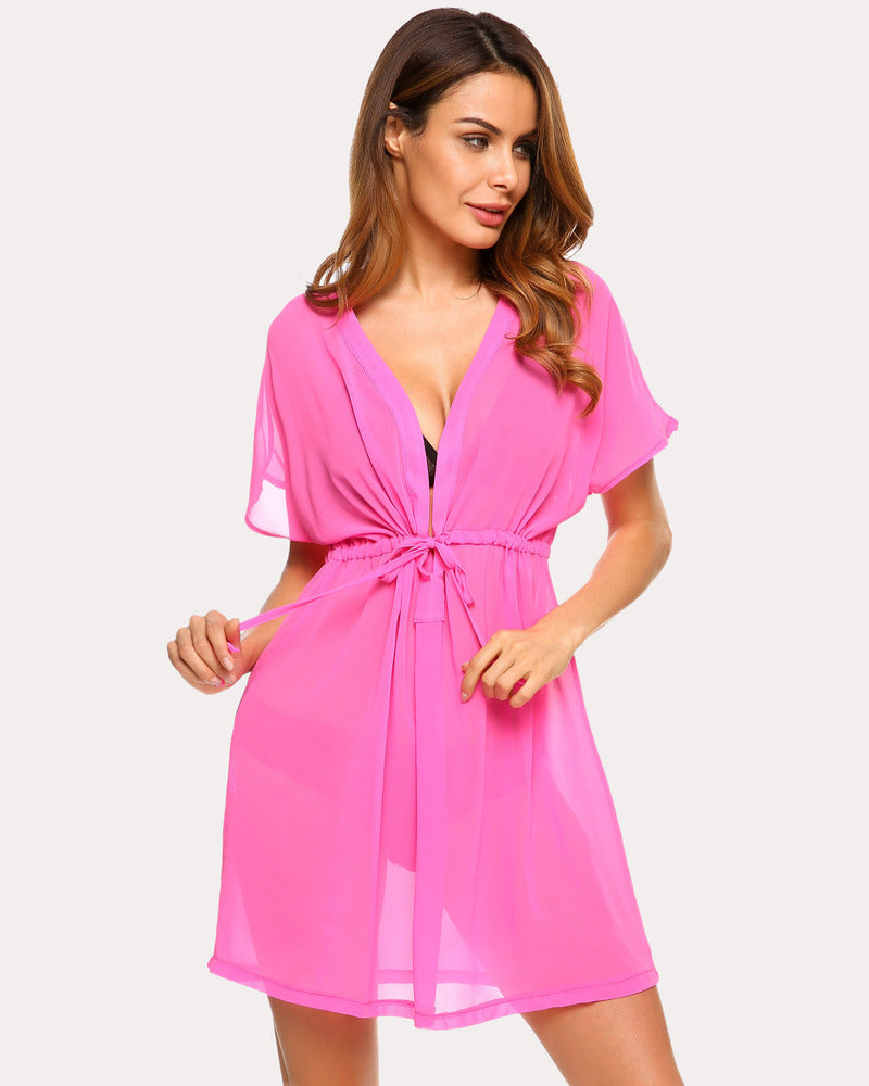 Leaf Print Chiffon Sheer Swimsuit