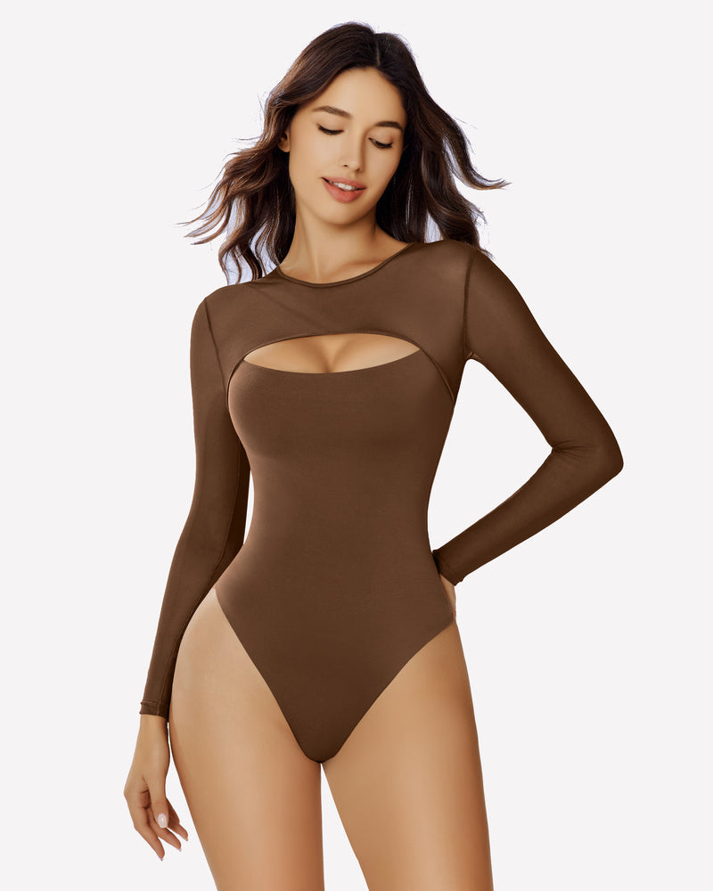 Long Sleeve Bodysuit Mesh Cutout Shirt