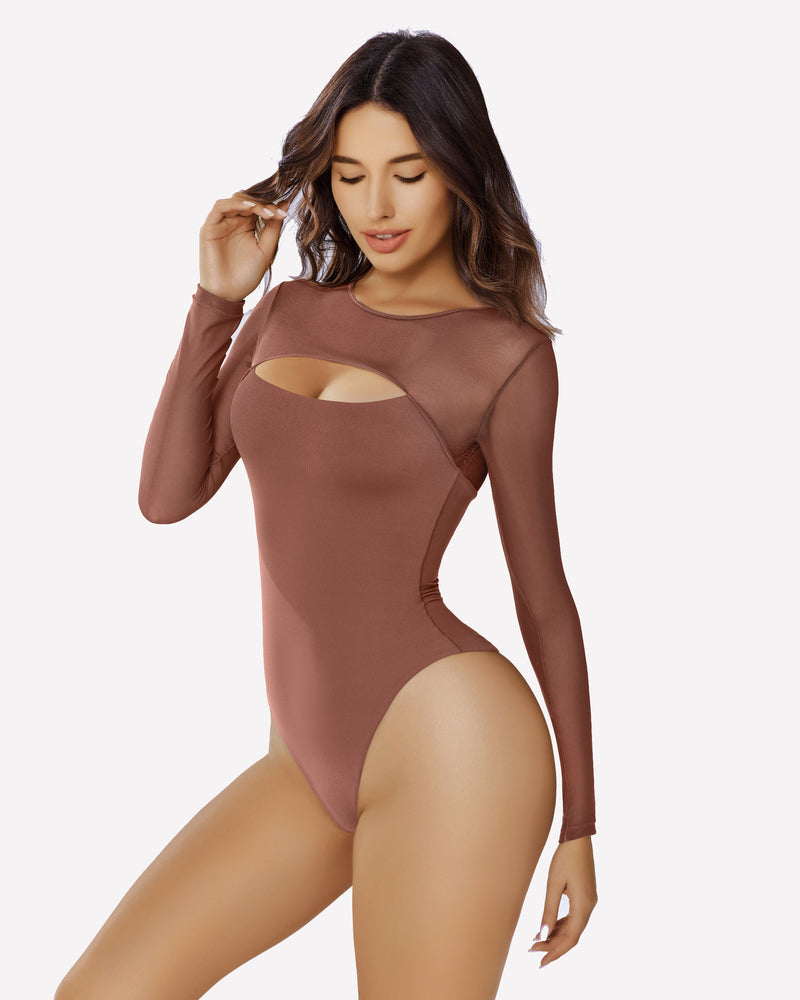Long Sleeve Bodysuit Mesh Cutout Shirt
