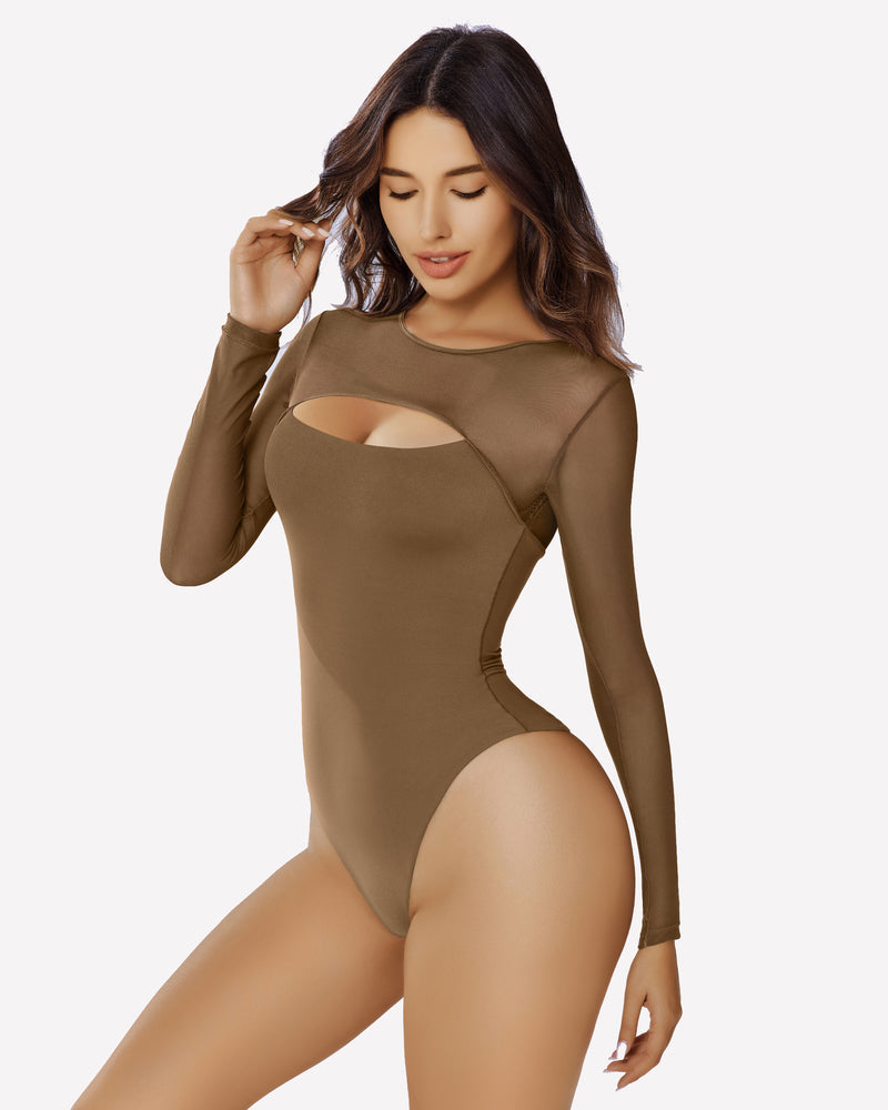Long Sleeve Bodysuit Mesh Cutout Shirt