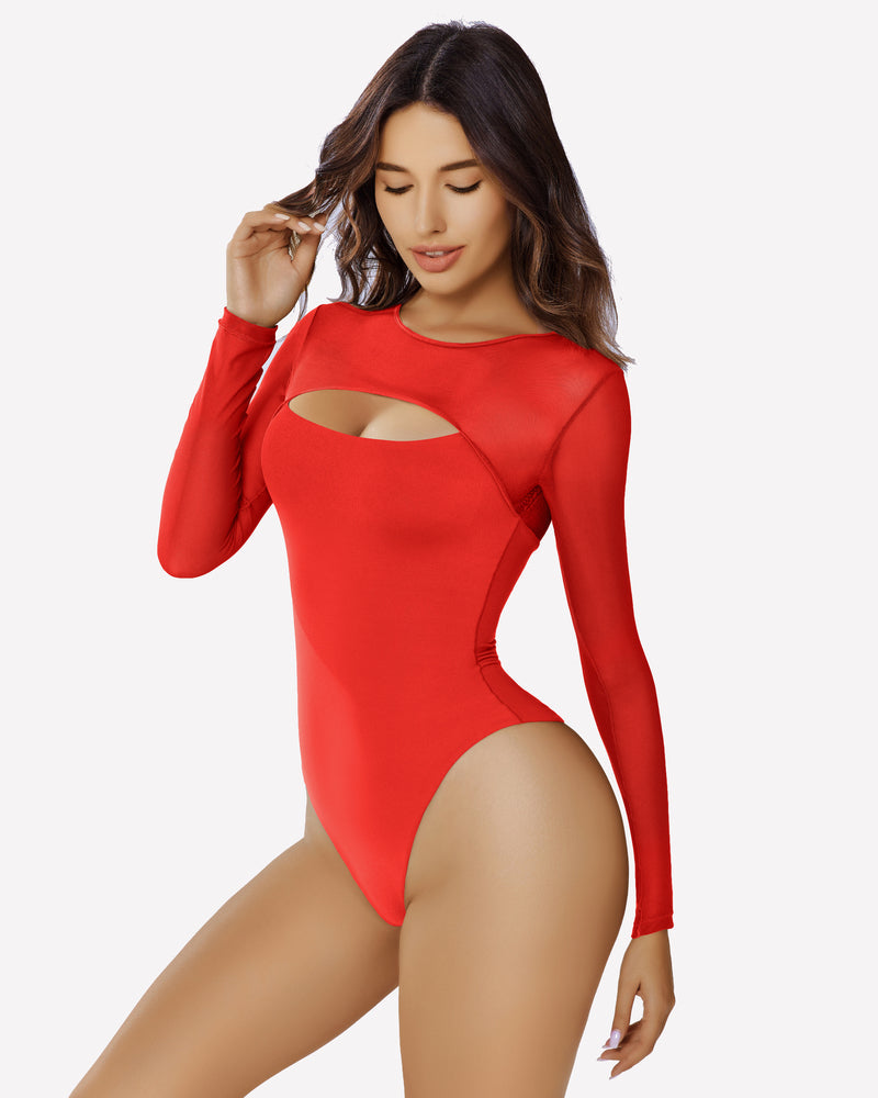 Long Sleeve Bodysuit Mesh Cutout Shirt