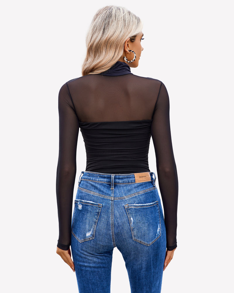 Turtle Neck Body Suits Mesh Leotard Shirt