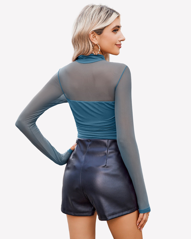 Turtle Neck Body Suits Mesh Leotard Shirt