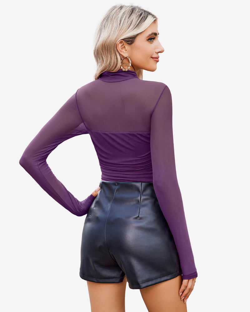 Turtle Neck Body Suits Mesh Leotard Shirt
