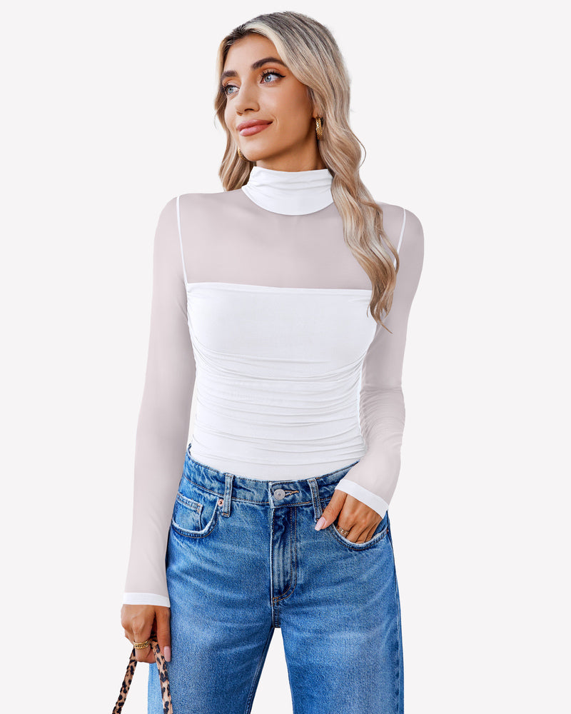 Turtle Neck Body Suits Mesh Leotard Shirt