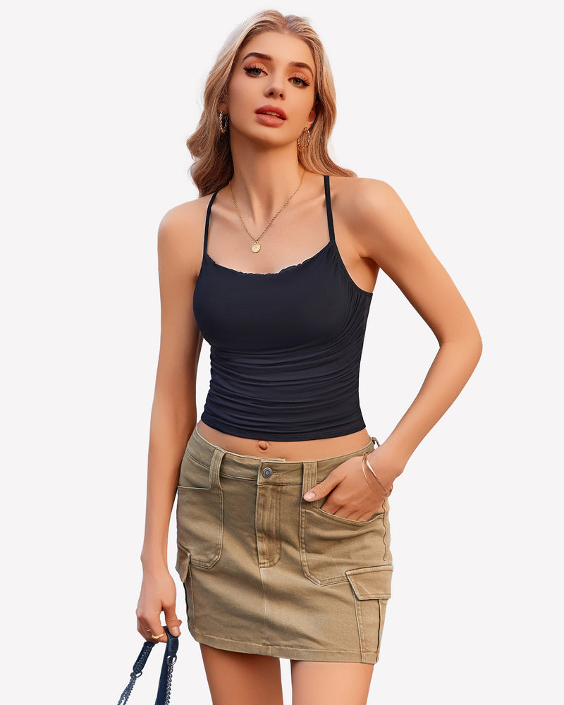 Cowl Neck Tops Mesh Ruched Camisole
