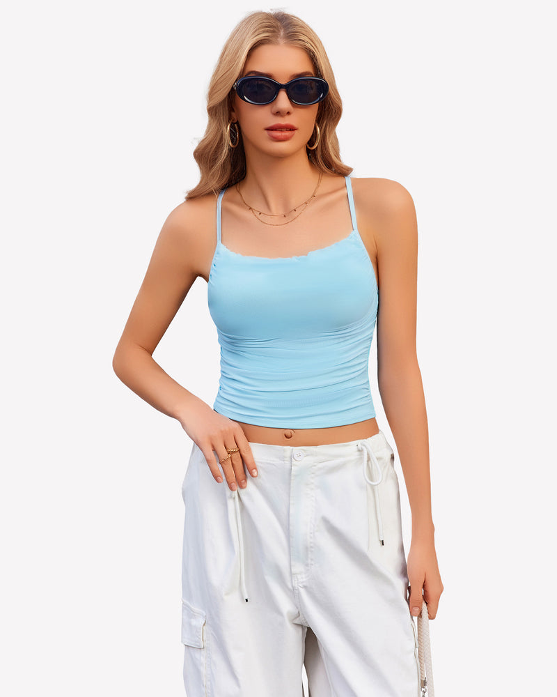 Cowl Neck Tops Mesh Ruched Camisole