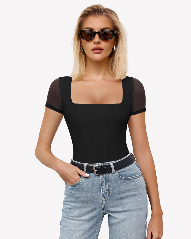 Square Neck Mesh Double Body Suit