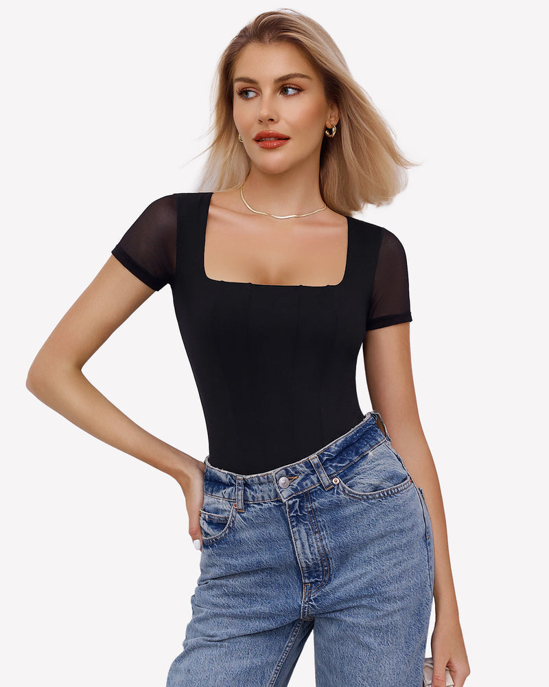 Square Neck Mesh Double Body Suit