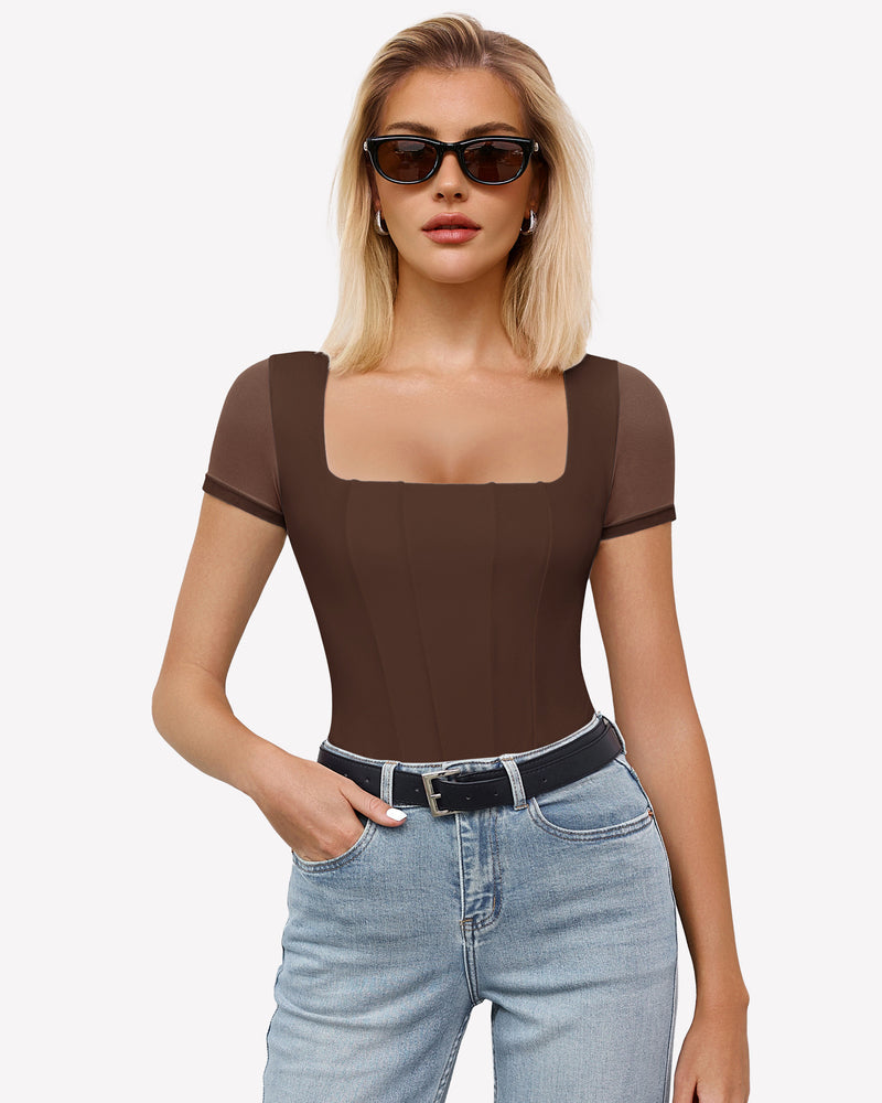 Square Neck Mesh Double Body Suit