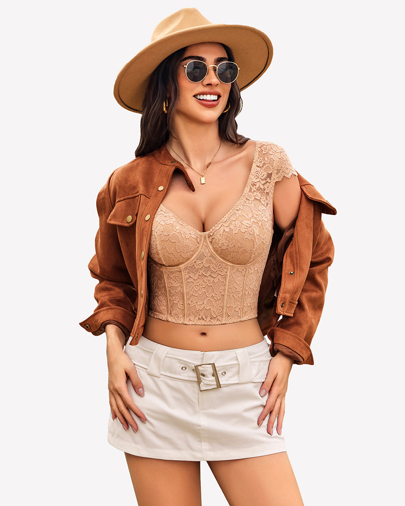 Floral Lace Bustier Cap Sleeve Crop Top