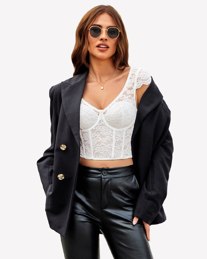 Floral Lace Bustier Cap Sleeve Crop Top