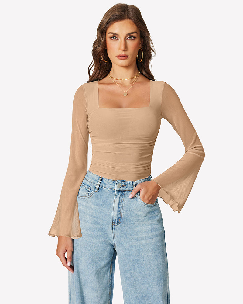Long Bell Sleeve Mesh Square Neck Bodysuit