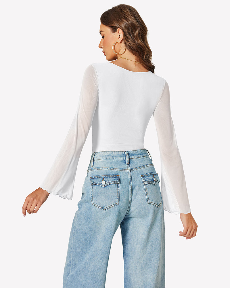 Long Bell Sleeve Mesh Square Neck Bodysuit
