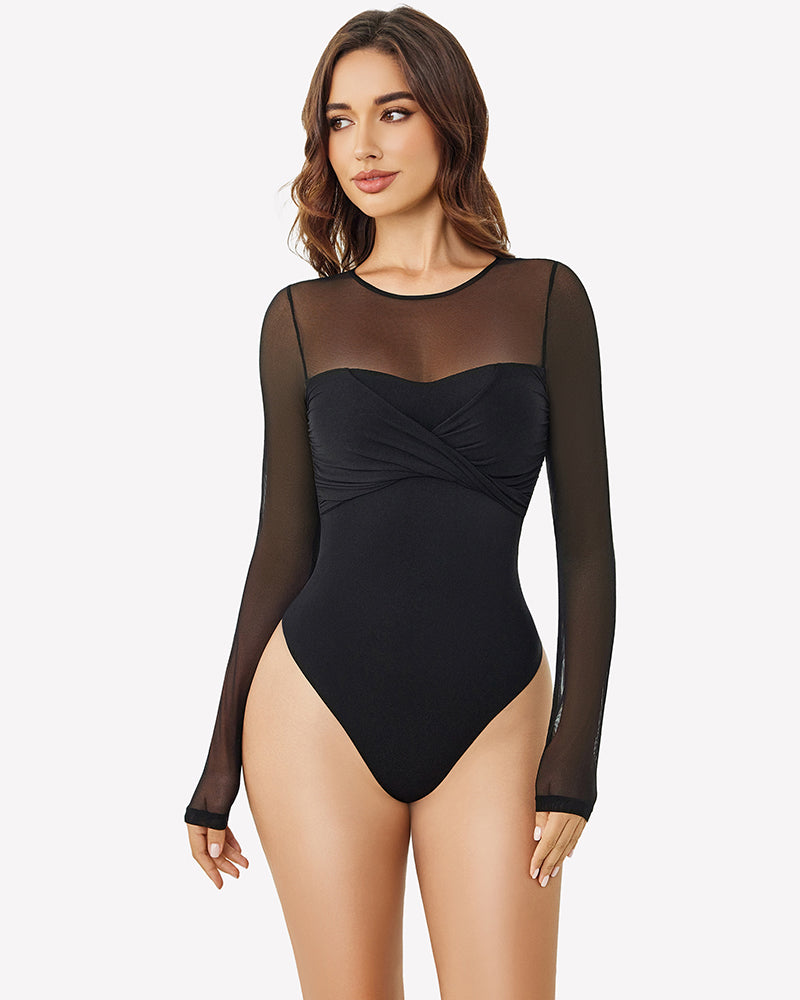 Long Sleeve Sheer Leotard Twist Knot Tops