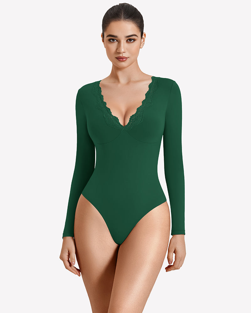 Long Sleeve Lace V Neck Leotard Shirt