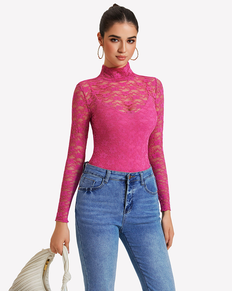 Long Sleeve Bodysuit Lace Tops Two Piece Set