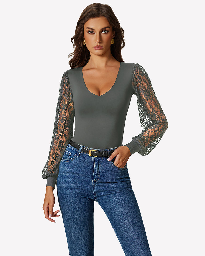 Double Lined Lace Puff Sleeves Leotard