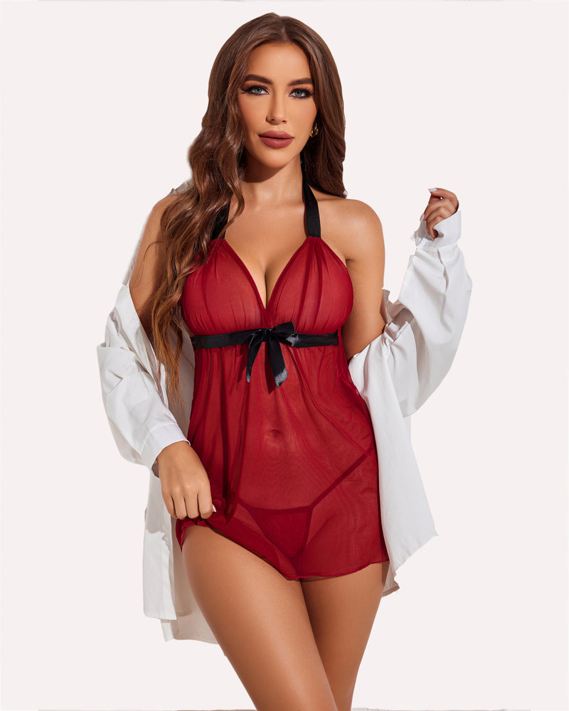 Halter Sheer Mesh Lace Babydolls