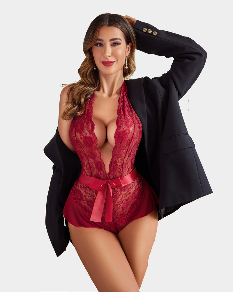 Leopard Lace Halter V Neck Bodysuit