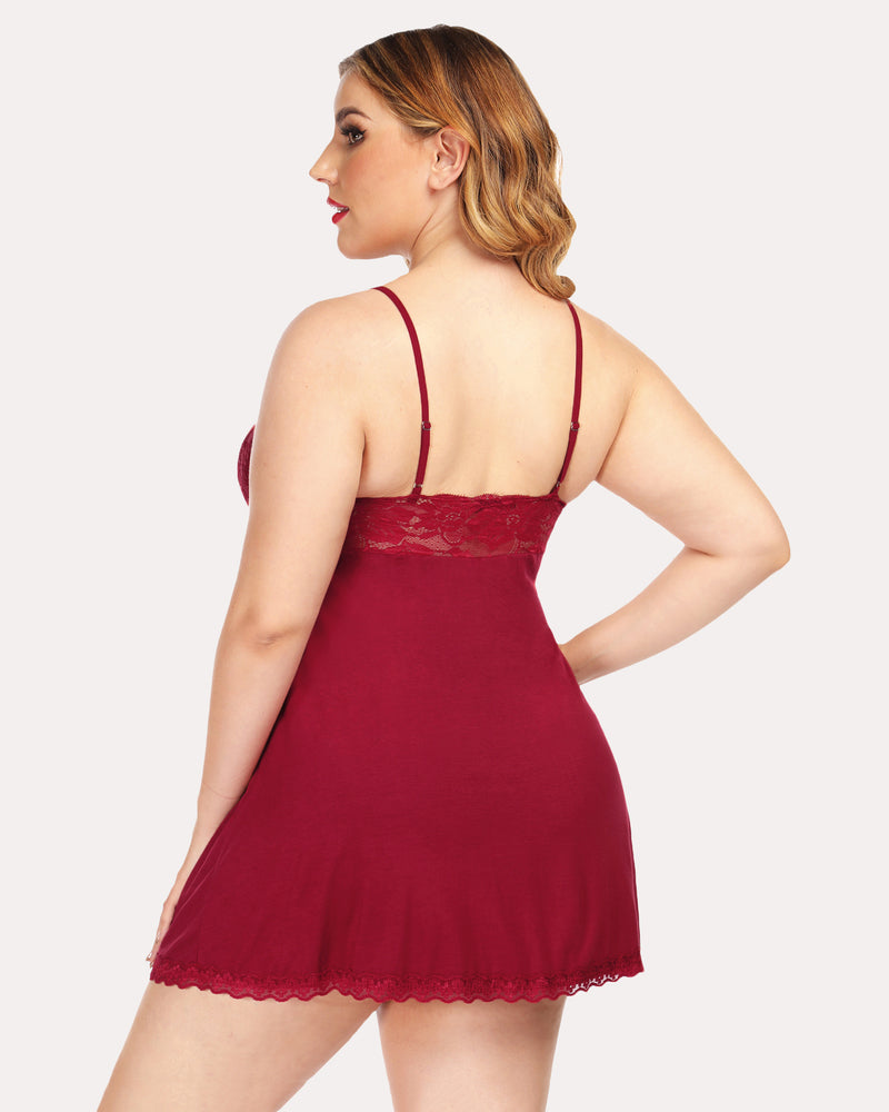 Solid Babydoll Lace V-neck Lounge Dress