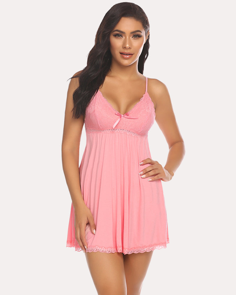 Solid Babydoll Lace V-neck Lounge Dress