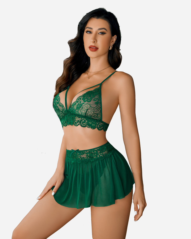 3 Piece Sets Lace Bralette, Skirt with Panty