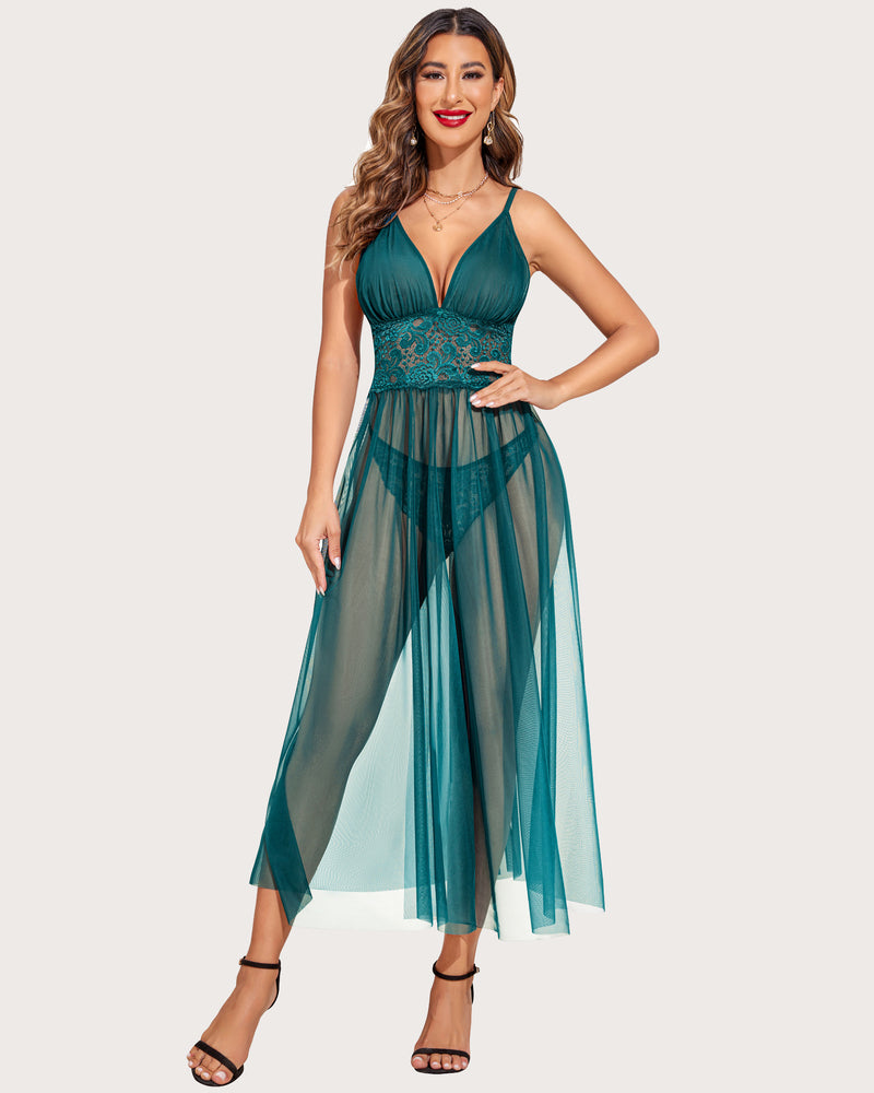 Lace V Neck Mesh Sheer Nightdress