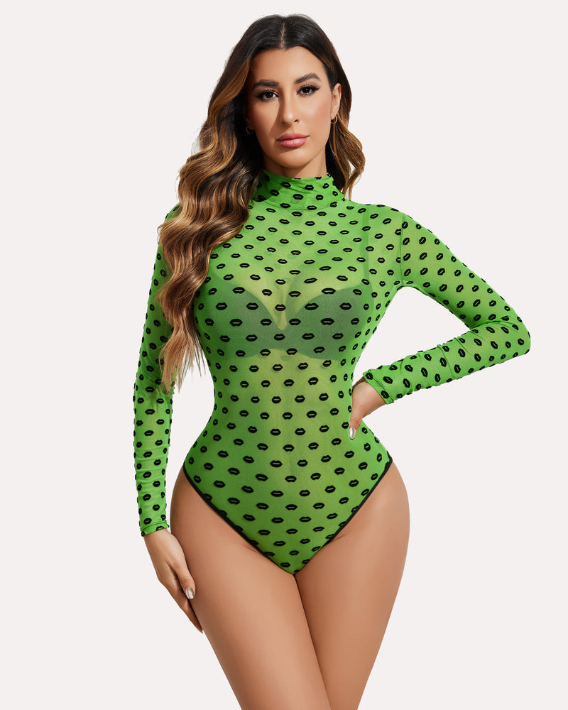 Long Sleeve Floral Turtleneck Sheer Bodysuit