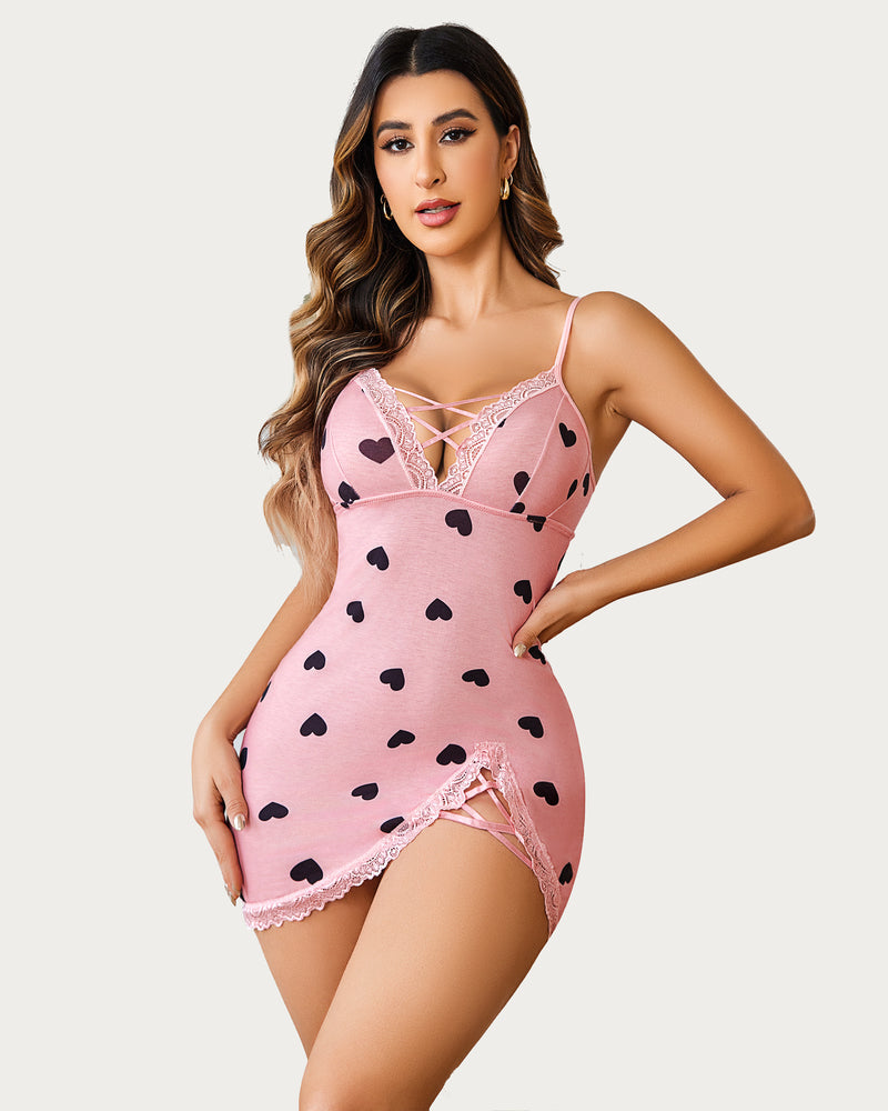 Lace V-Neck Full Slip Side Slit Sleep Dress