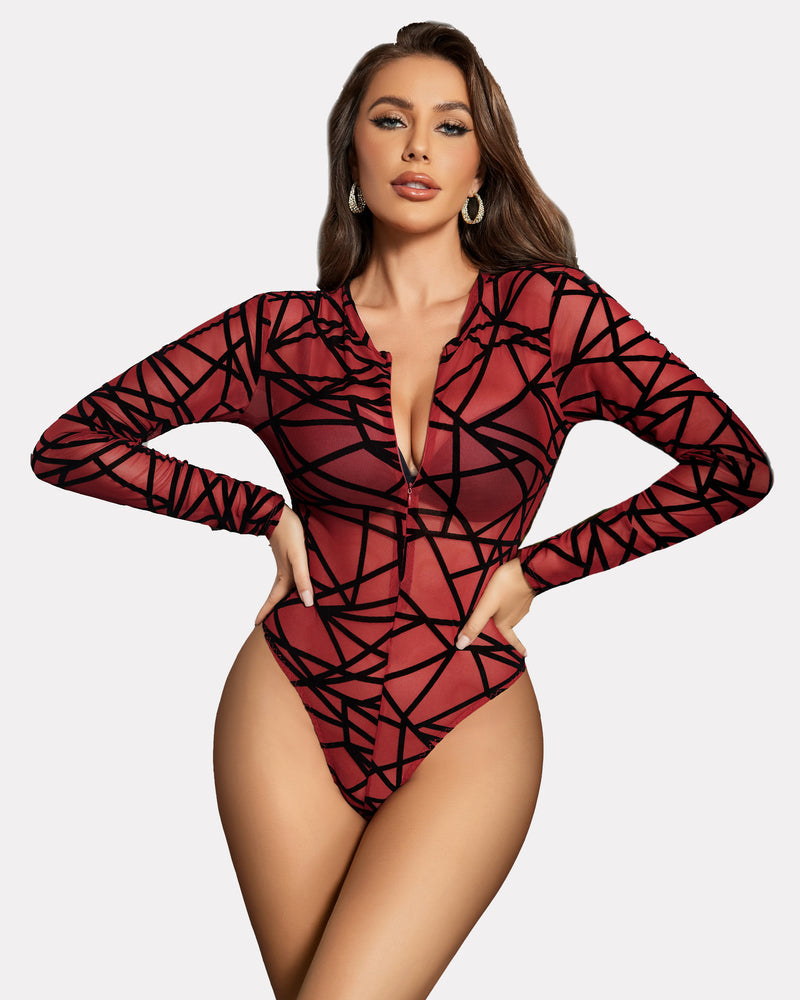 Leopard Zipper Sheer Bodysuit