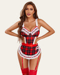 Cosplay Maid Outfit Plaid Lace Teddy