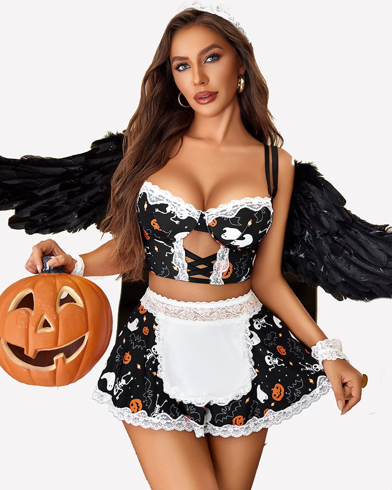 Contrast Lace Maid Costume Set (5 Pcs)