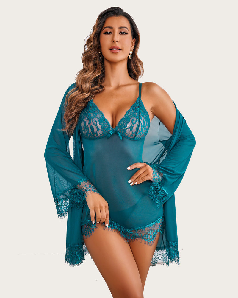3 Piece Sets Mesh Robe with Lace Dress