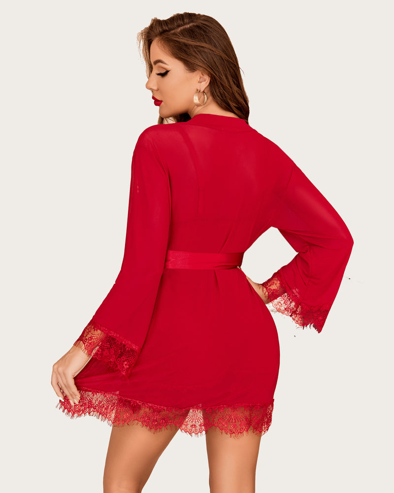 3 Piece Sets Mesh Robe with Lace Dress