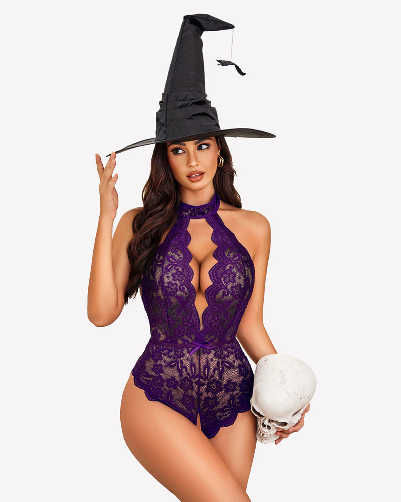 Halter Lace Bodysuit V Neck Teddy