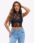 Mock Neck Lace Floral See Through Tank