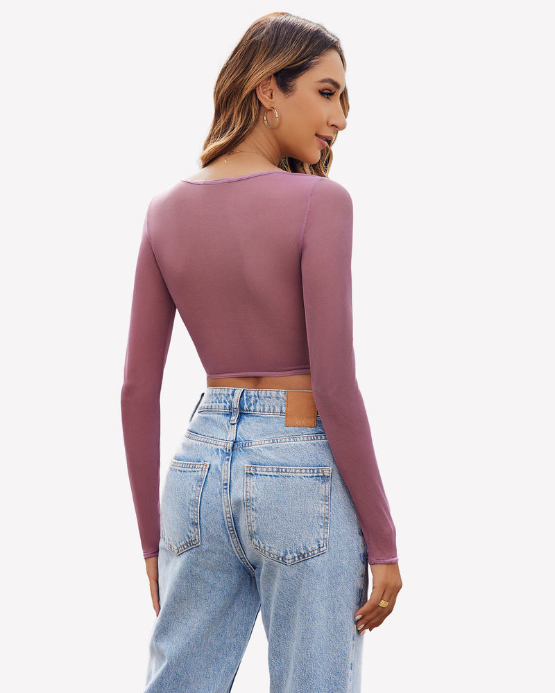 Lace Crop Top Long Sleeve Sheer Blouse