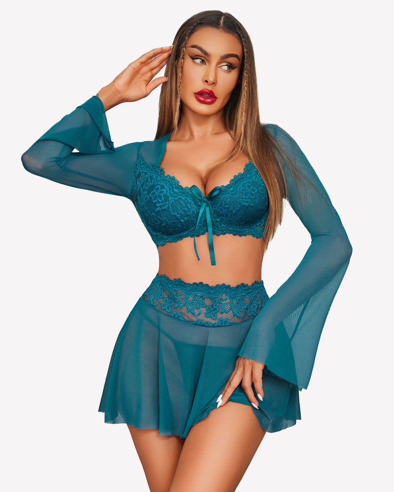Contrast Lace Mesh Lingerie Set