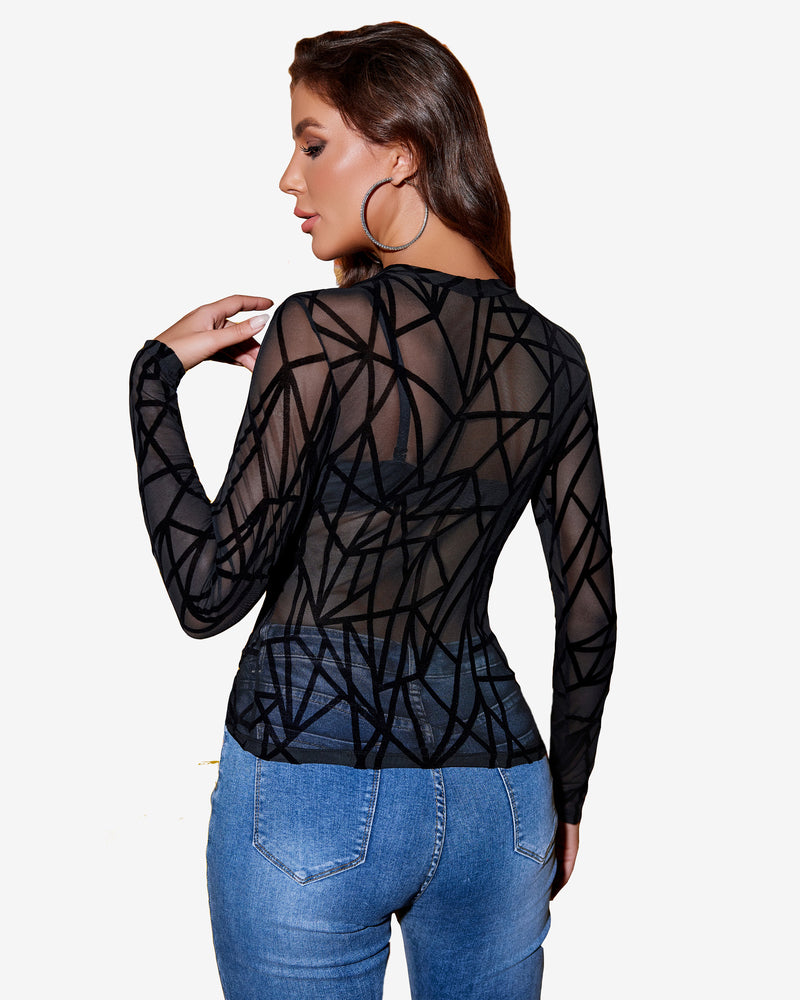 Sheer Blouse Hollow Drawstring Shirt