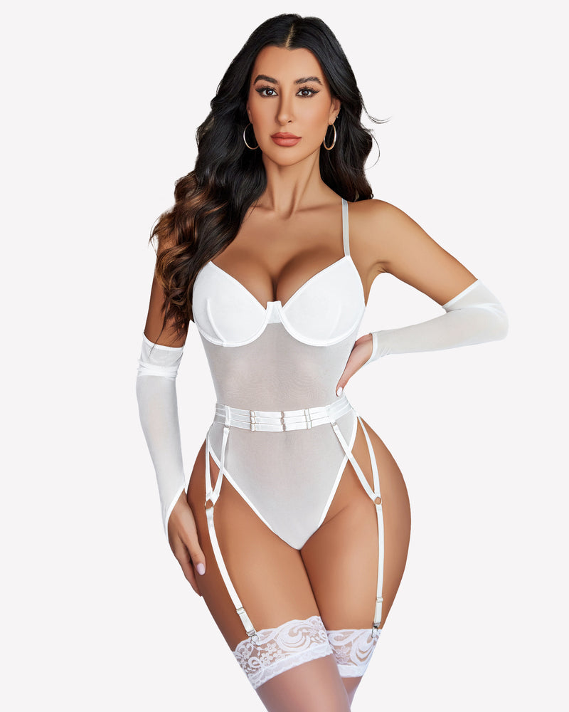 Mesh Garter Teddy with 1 Pair Oversleeves