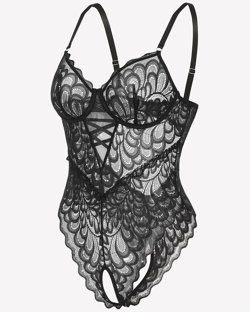 Lace deep V Teddy Crotchless Bodysuits