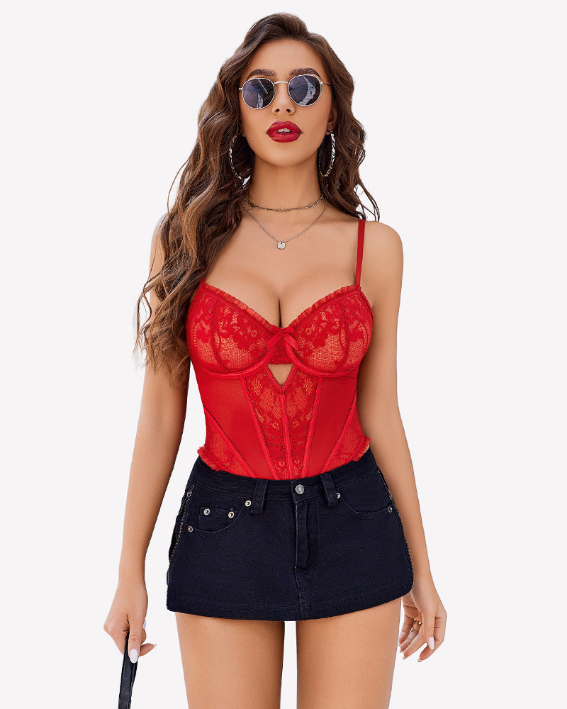 V Neck Lace Teddy Push Up Bodysuit