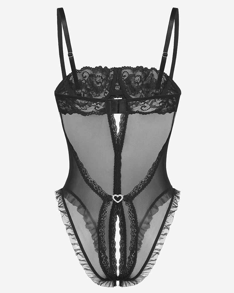 Lace V Neck Crotchless Teddy Lingerie