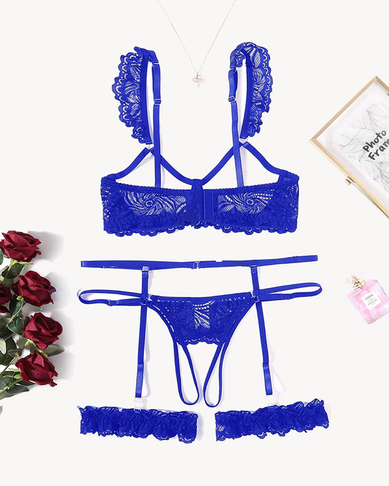 Floral Lace Bra and Panty Garter Sets
